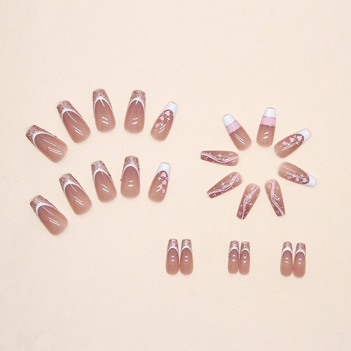 MISUD Press on Nails - Long Coffin Glue on Nails with Pink, Acrylic Bling Glitter Design 24 pcs
