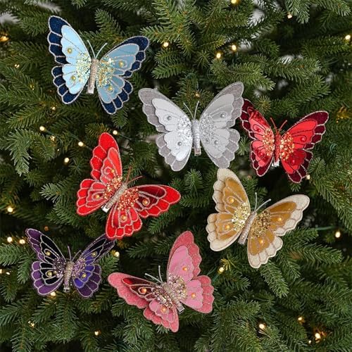 LEBETE Pack of 3 Double Layer Butterfly Christmas Tree Clips Accessory Elegant Fabric Ornaments for Holiday Decorations