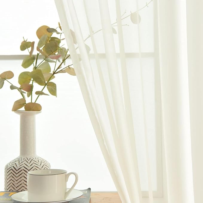 SpaceDresser Ivory Sheer Curtains 4 Panels Rod Pocket Semi-Sheer Curtain 96 Inches Long Light Filtering Voile Window Drapes for Bedroom Living Room Kitchen, Each 52W x 96L