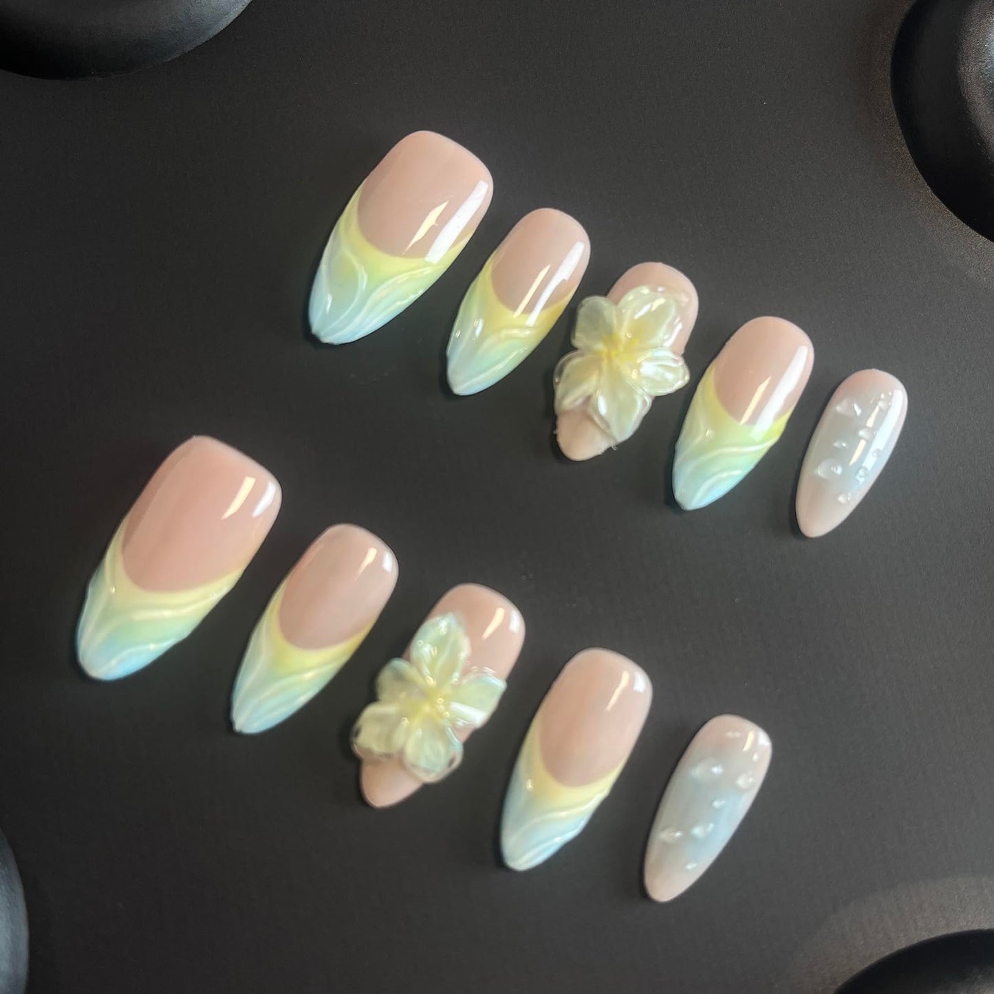 Luxury Press on Nails Medium Almond Handmade 3D Unique Reusable ABS Material Fake Nails Blue&Yellow False Nails with Designs Flower Water Drop Art Petal Glossy Glue on Thick Acrylic Nails(M)