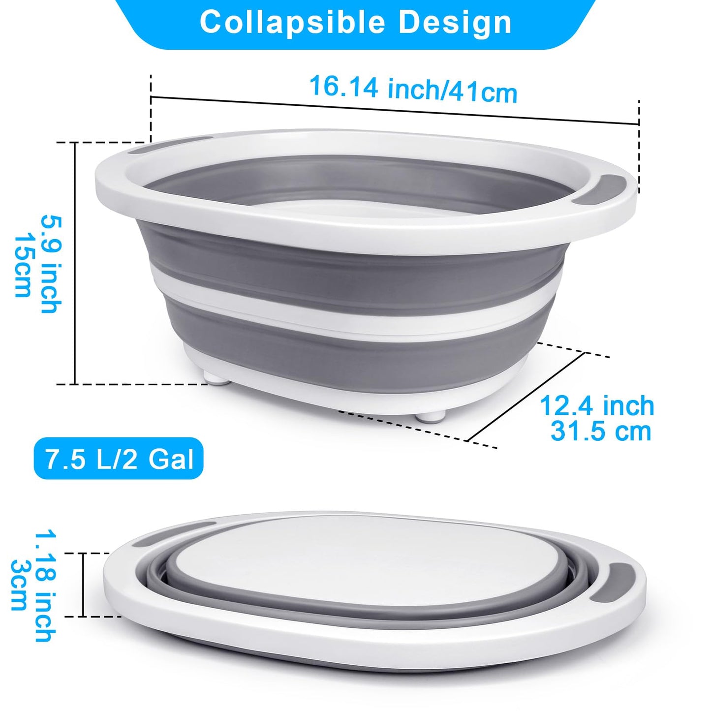 Collapsible Wash Basin, 7.5L Dish Tub Sink Basin Folding Dish Pans for Kitchen Sink, 2-in-1 Dishpan + Cutting Board, Portable Sink Dish Basin for Camping BBQ Prep Tub Washing Bin Bucket for Cleaning