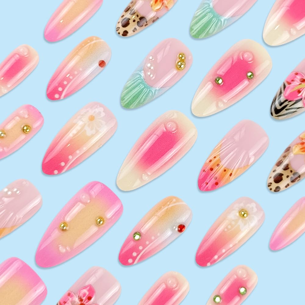 Mkwntg 24Pcs Flower Press on Nails Medium Almond Fake Nails with 3D Gold Beads Pearl Shell Rhinestones Design Blue Leopard Brown French Tip False Nails Pink Ombre Full Cover Stick on Nails for Women