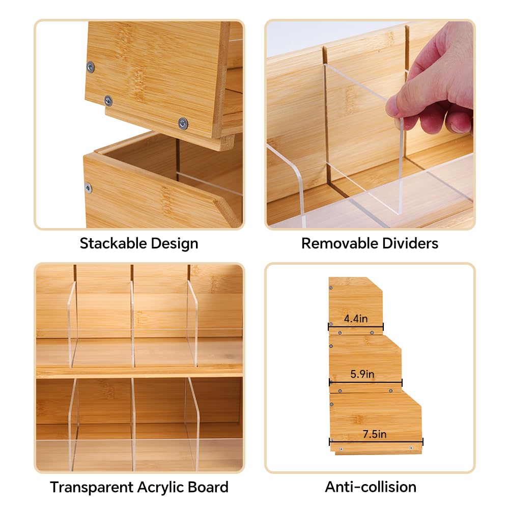 DOUKE Wooden Tea Bag Organizer – 2-Tier Stackable Tea Box with Adjustable Dividers, Safe Bamboo Tea Storage, Countertop Tea Holder for Coffee Tea Station, Kitchen, Office