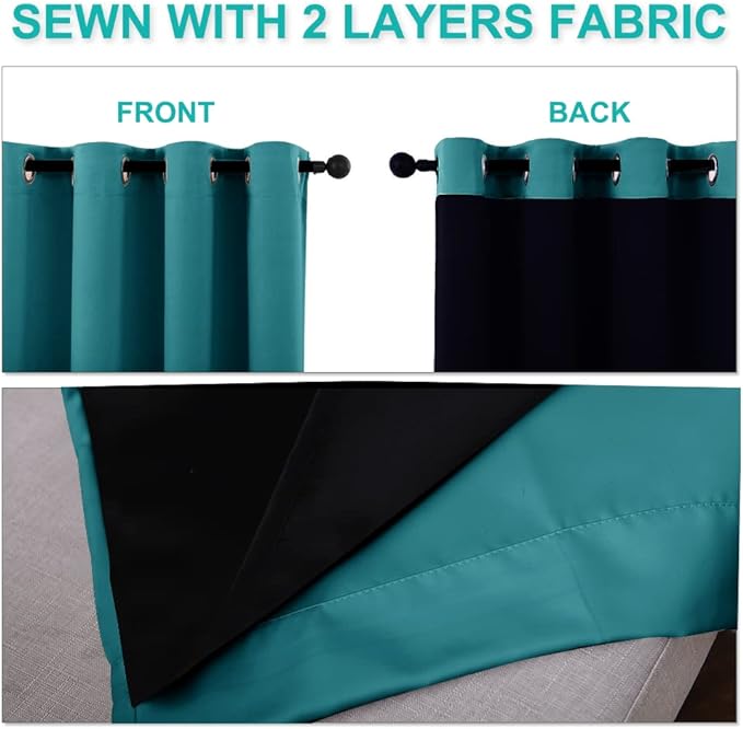 NICETOWN 100% Blackout Window Curtain Panels, Full Light Blocking Drapes with Black Liner for Nursery, 72-inch Drop Thermal Insulated Draperies (Peacock Teal, 2 Pieces, 70-inch Wide Per Panel)