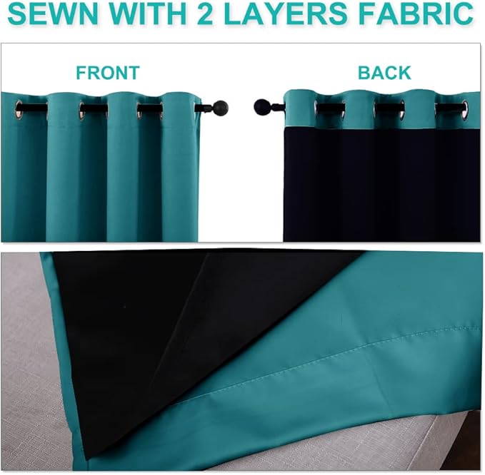 NICETOWN 100% Blackout Window Curtain Panels, Full Light Blocking Drapes with Black Liner for Nursery, 72-inch Drop Thermal Insulated Draperies (Peacock Teal, 2 Pieces, 52-inch Wide Per Panel)