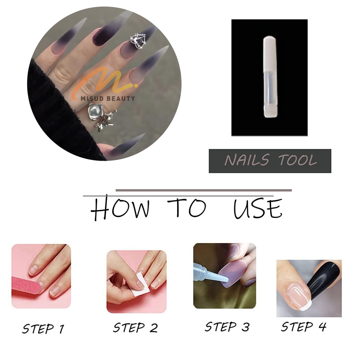 MISUD Press on Nails - Long Stiletto Glue on Nails with Goth Purple Black, Acrylic Rhinestone Design 24 pcs
