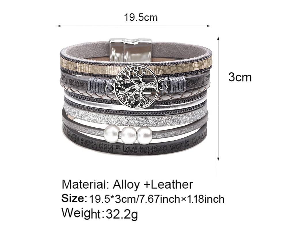 Fesciory Leopard Bracelet for Women, Boho Leather Wrap Multi-Layer Pearl Crystal Bracelet Bangle Jewelry(Tree of Life(Grey))