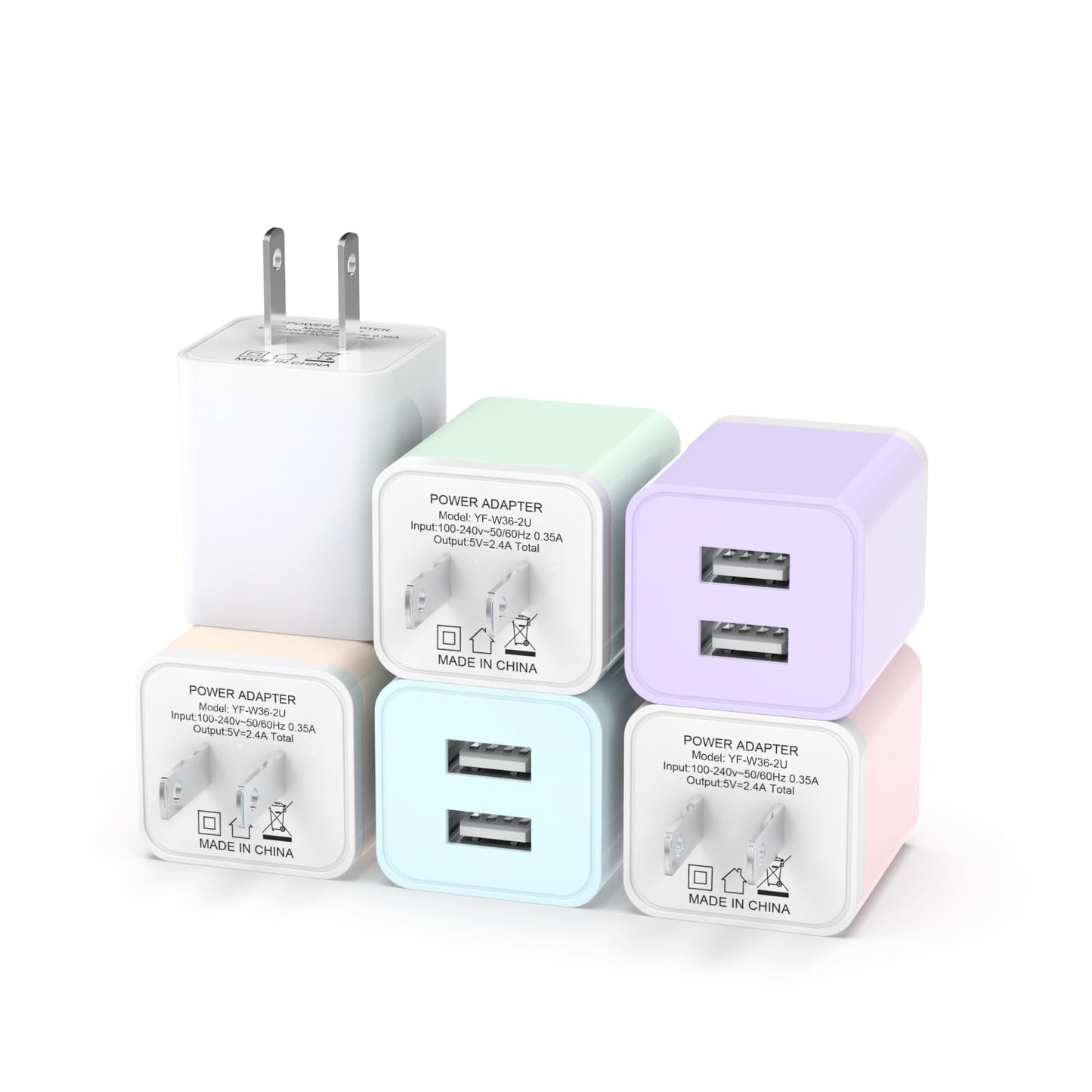 6Pack USB Wall Charger, iGENJUN 2.4A Dual USB Port Cube Power Plug Adapter Fast Phone Charger Block Charging Box Brick for iPhone 15/15 Pro/15 Pro Max/14, Samsung Galaxy, Pixel, LG, Android-Multicolor