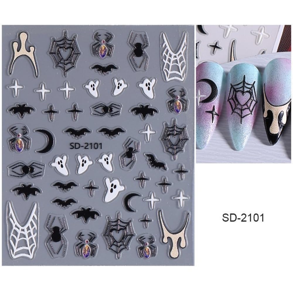 Halloween Nail Stickers Cute Ghost Nail Designs 3D Self-Adhesive Coffin Spider Web Pumpkin Nail Decals 5D Embossed Star Moon Bat Nails Supplies for Women Holiday DIY Manicure 5 Sheets