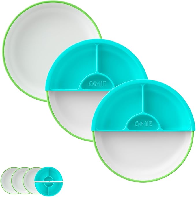 Omie® Easy Scoop Plates for Kids | Unique Design Helps Food Fall into the Spoon, Not on the Table | Made from Plants | 3 Plates + 2 Silicone Dividers | Green