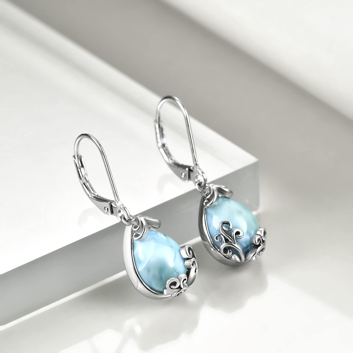 POPLYKE Larimar Filigree Teardrop Drop Dangle Earrings Sterling Silver Leverback Earrings Jewelry