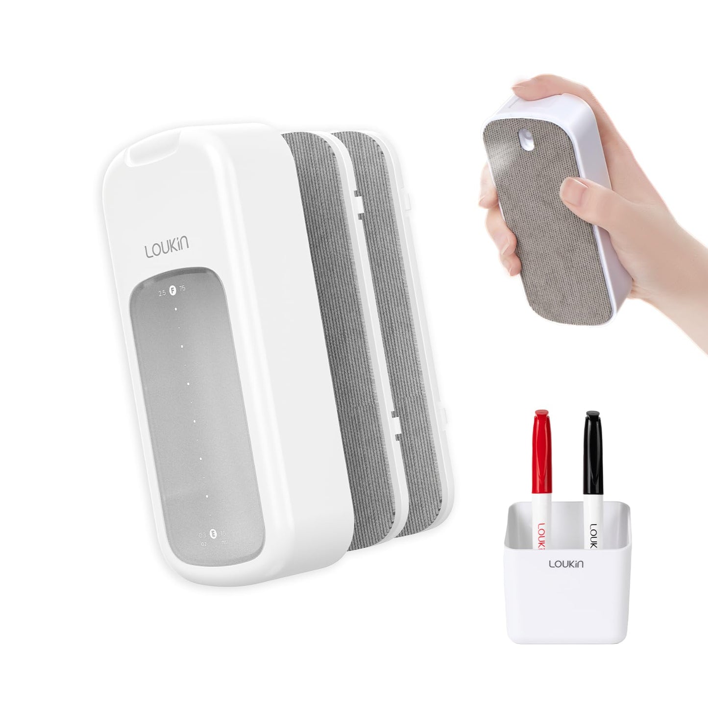 loukin Inventive All-in-One Dry Erase Eraser, Novel Replaceable Whiteboard Eraser with Built-in Cleaner, Unique Glass Board Erasers, Includes 2 Refill Pads, 1 Magnetic Holder, 2 Markers