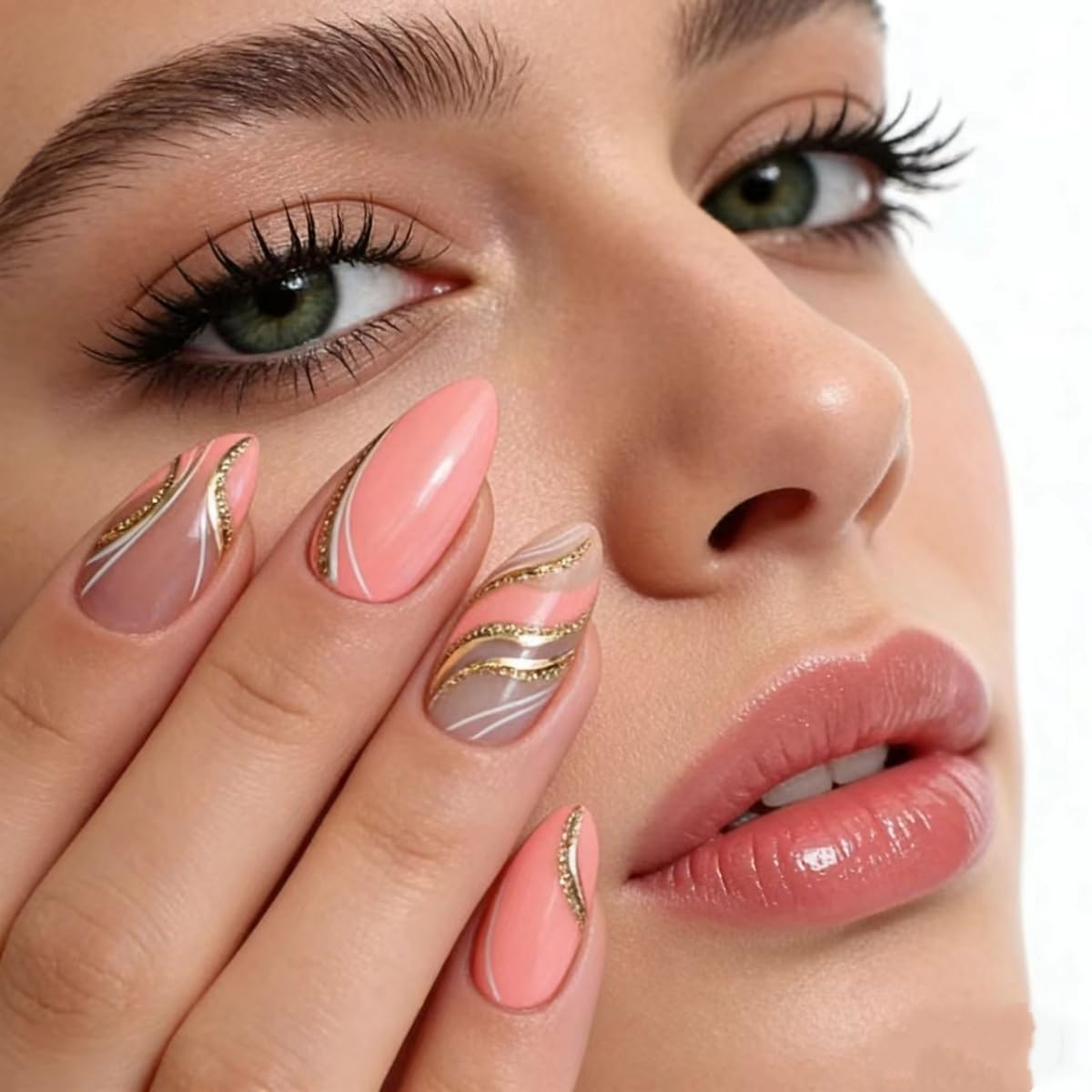 FJSMTOPl Pink Press on Nails Almond Fake Nails Press ons with Design Gold Swirl Medium False Nails Acrylic Glue on Nails Cute Glossy Full Cover Artificial Stick on Nail for Women Manicure 24Pcs