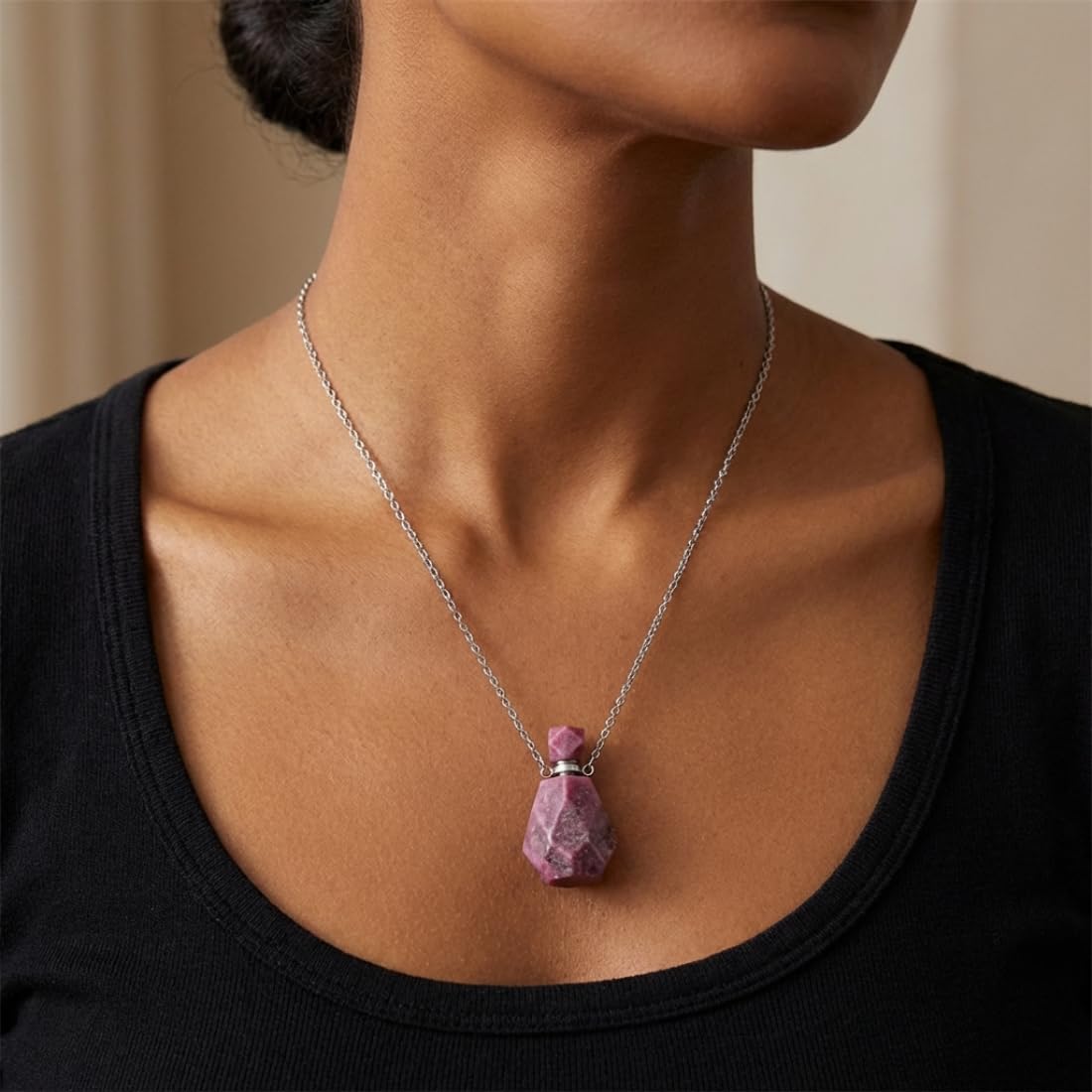 YGLINE Rhodonite Natural Gemstone Perfume Bottle Pendant,Slive Plated Healing Chakra Crystal Vial Perfume Bottle Necklace