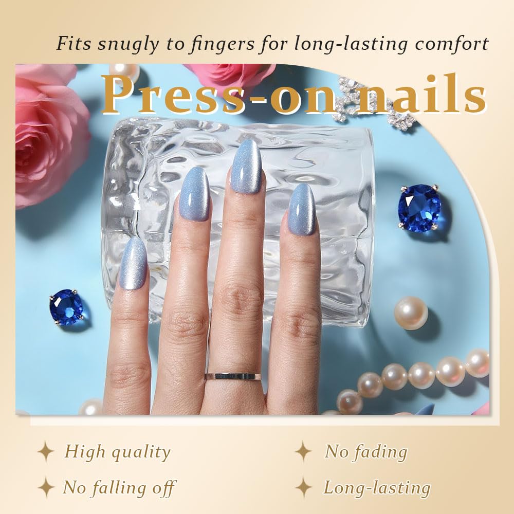 evpct Sky Blue Cat Eye Real Short Press on Nails Almond, Petite Short Almond Stick on Nails for Women Gift, Sky Blue Holographic Glossy Fake Nail Reusable, Soft Press on Acrylic Nail with Designs