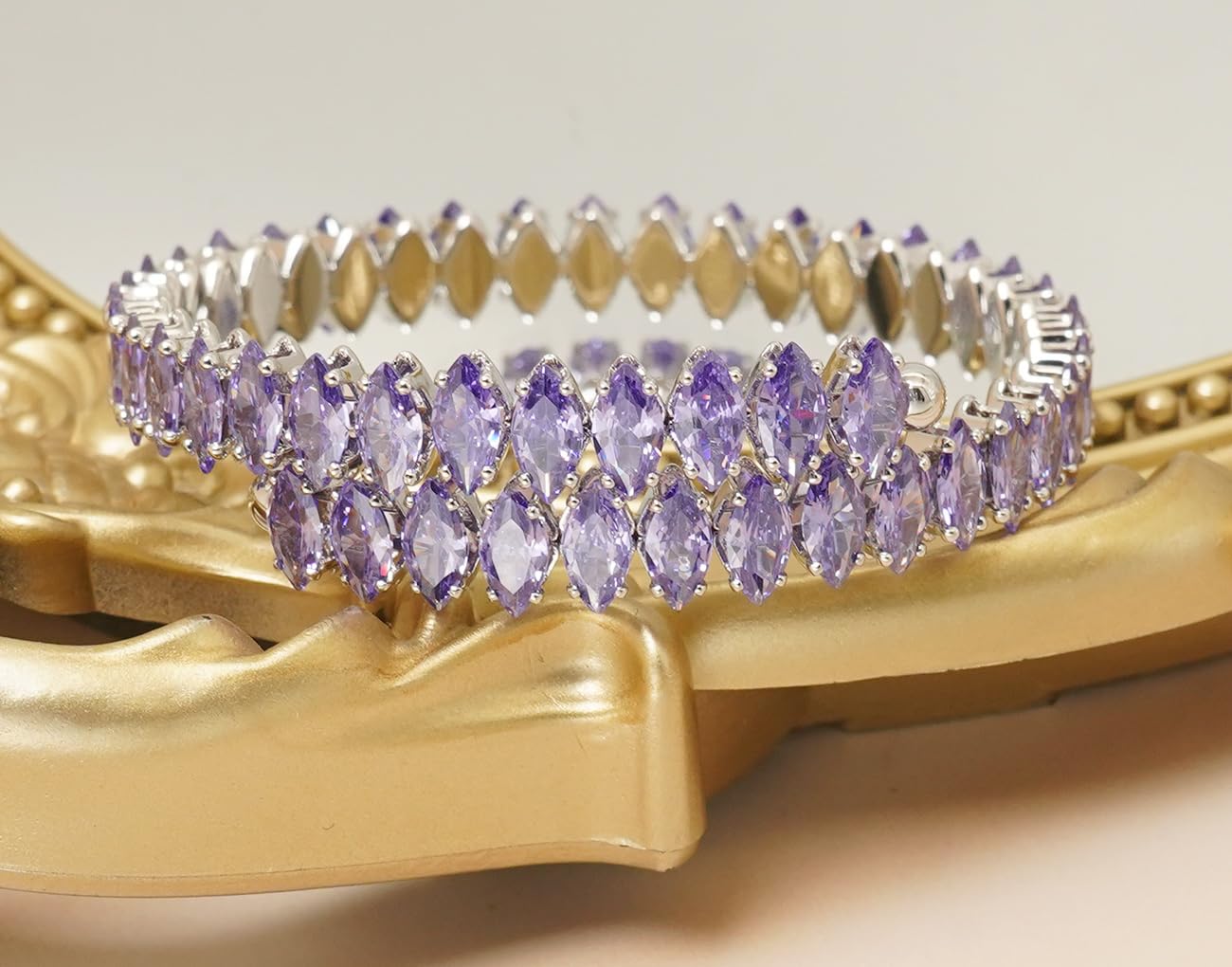 Wovanoo Rhinestone Cuff Bracelet Cubic Zirconia Tennis Bracelets Open Adjustable Bangle for Women Silver Purple