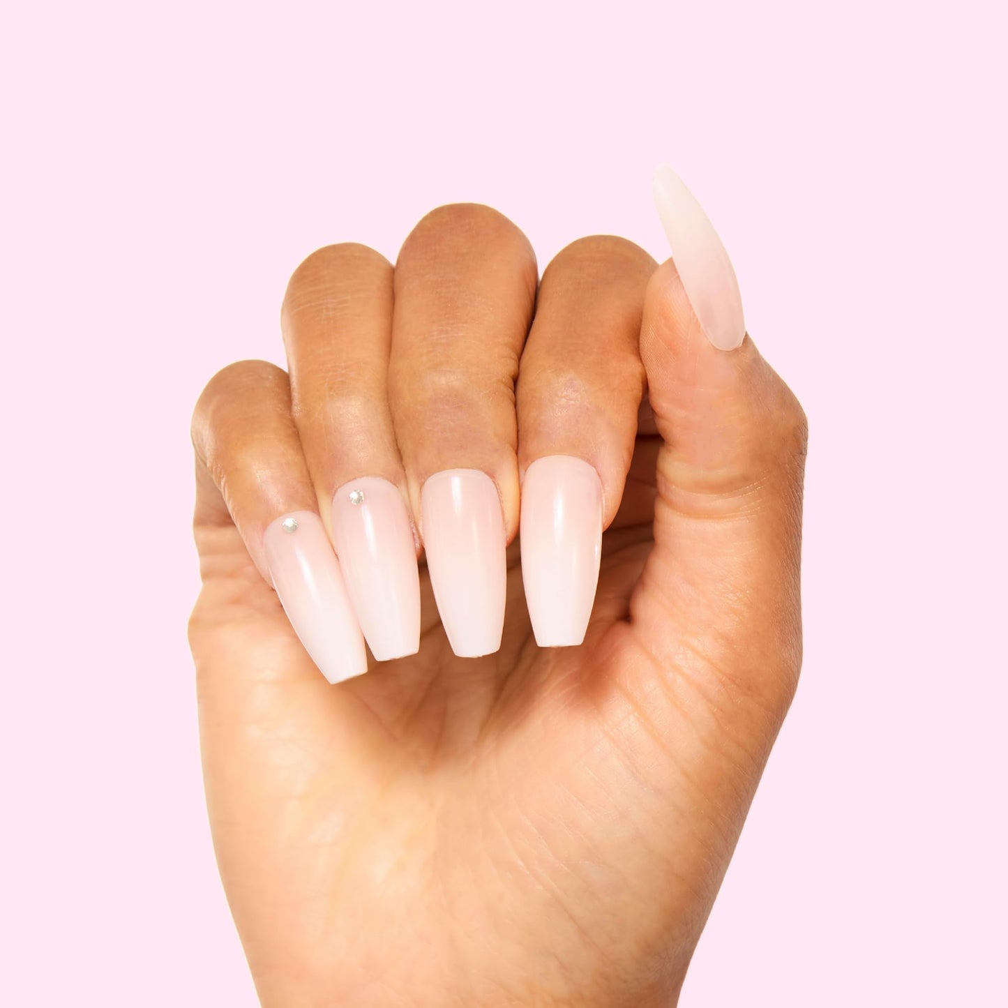 PaintLab Press On Nails - Gradient Nude (With Diamonds) Coffin Fake Nails, 30 Nails in 15 Sizes with Glue, Reusable Salon Quality Press On Nails