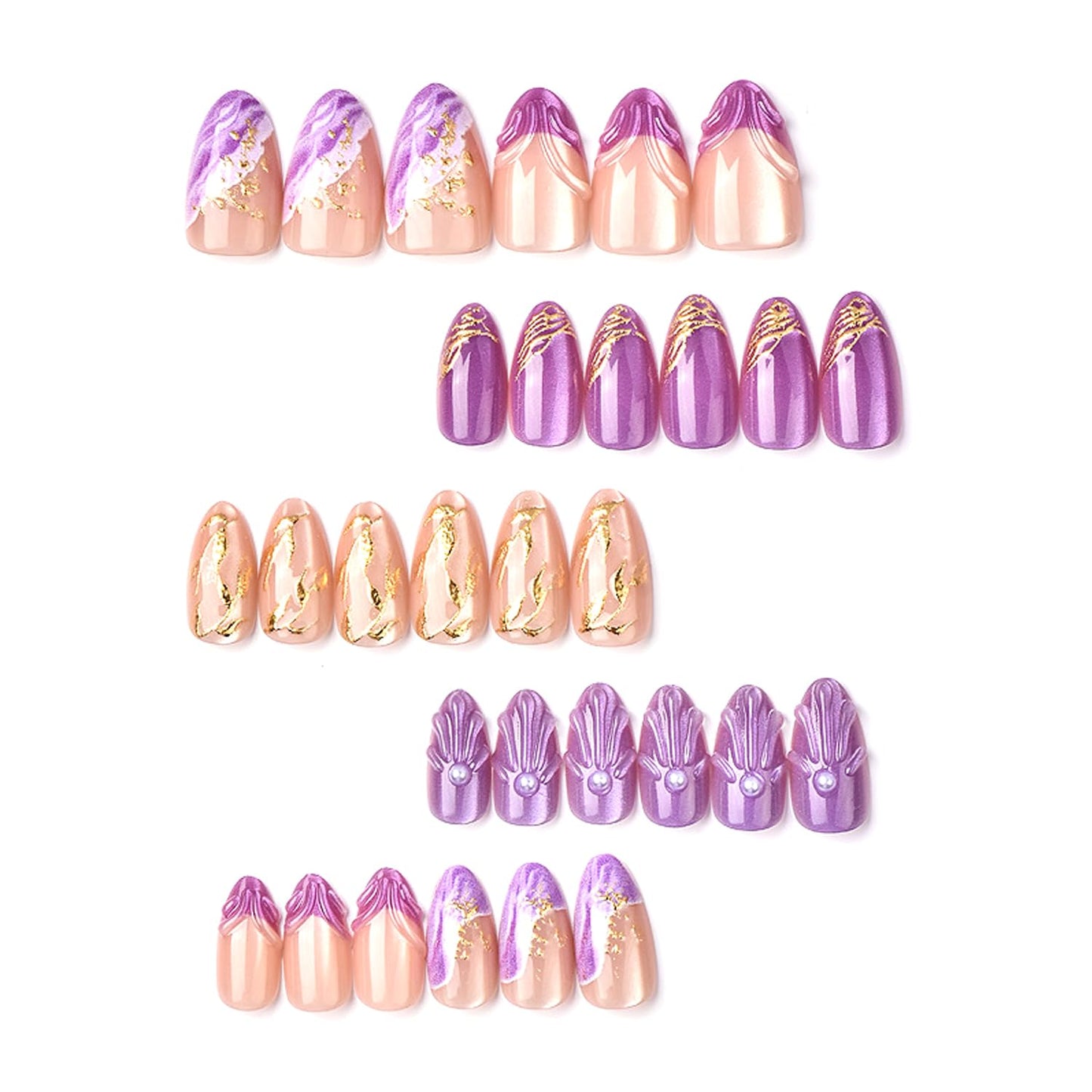 30Pcs Purple French Press on Nails Medium Almond Fake Nails with 3D Pearls Design Chrome Gold False Nails Glitter Full Cover Gold Leaf Gilded Reusable Purple Smudge Artificial Glue on Nails for Women