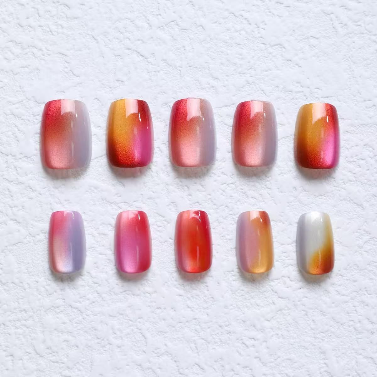 Cat Eye Press on Nails Short Square Fake Nails Rainbow Candy Acrylic Nails Cute Pink Gradient False Nails Press ons Glossy Shiny Glue on Nail for Women Girls Manicure Deco