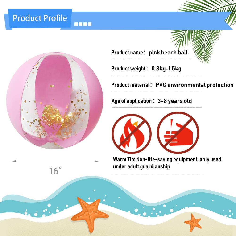 AMOR PRESENT Beach Ball, 16" Glitter Inflatable Beach Balls for Kids & Toddlers Pool Game, Summer Party Favors
