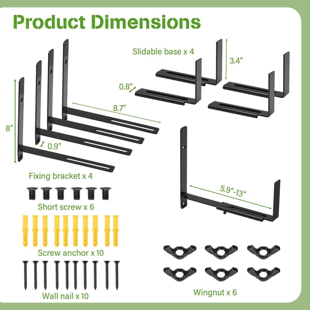 Tressify Heavy-Duty Adjustable Window Planter Brackets, Wall Mount Flower Box Holders 6–13 in, 4-Pack, Black Iron Construction