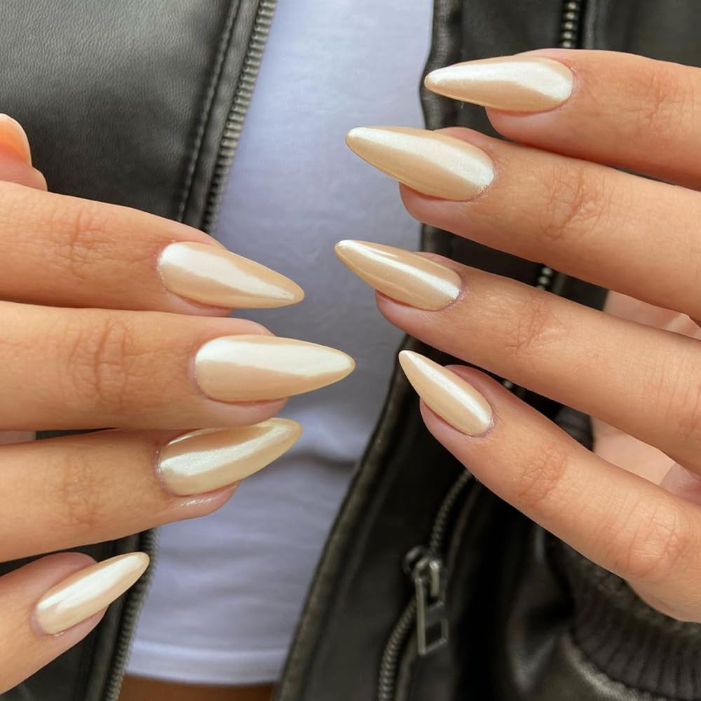 Champagne Chrome Press on Nails Medium Almond,KQueenest Iridescent Stiletto Fake Nails with Designs,Glossy Pearlescent Glue on Nails Press on With Mirror Effect,Acrylic Nails for Women 24Pcs