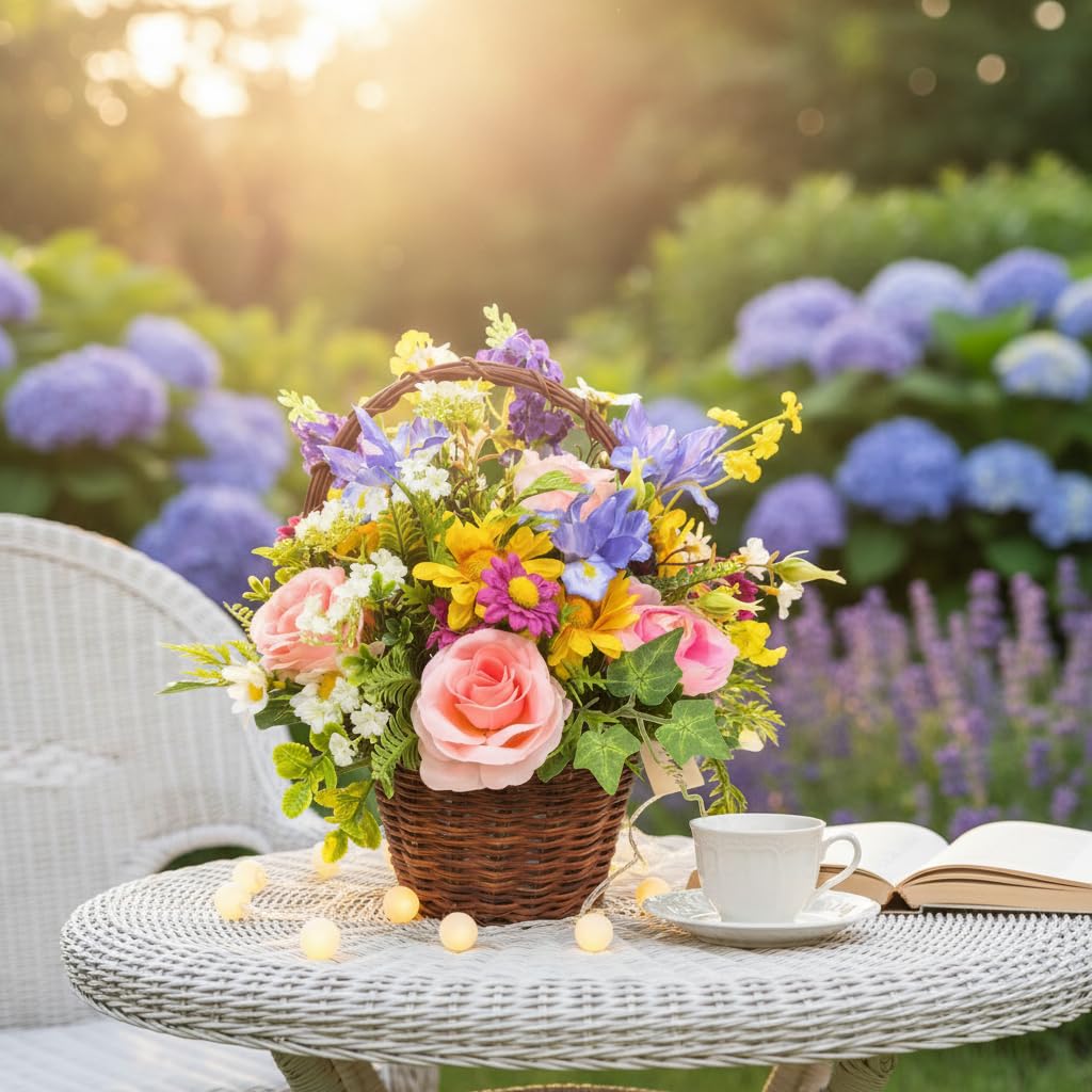 Lnymura Pre-lit Spring Summer Rose Flower Basket with Timer 13 Inch Rustic Floral Arrangement Table Centerpiece with Wildflower, Roses, Daisies and 10 Warm White LEDs for Home Kitchen Decor