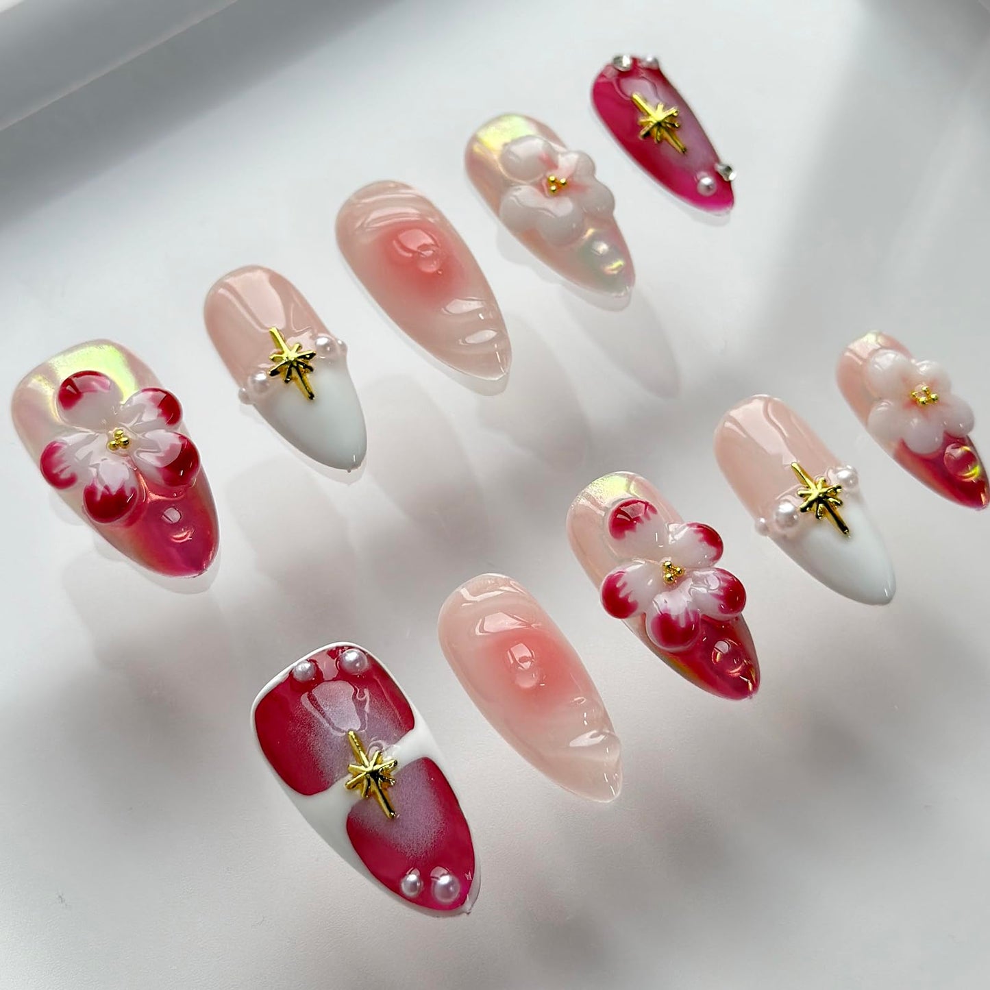 Luxury Press on Nails Medium Almond Handmade 3D Unique Reusable ABS Material Fake Nails Chrome French Tip False Nails with Designs Pink Flower Pearls Glossy Glue on Nail Thick Acrylic Nail(S)