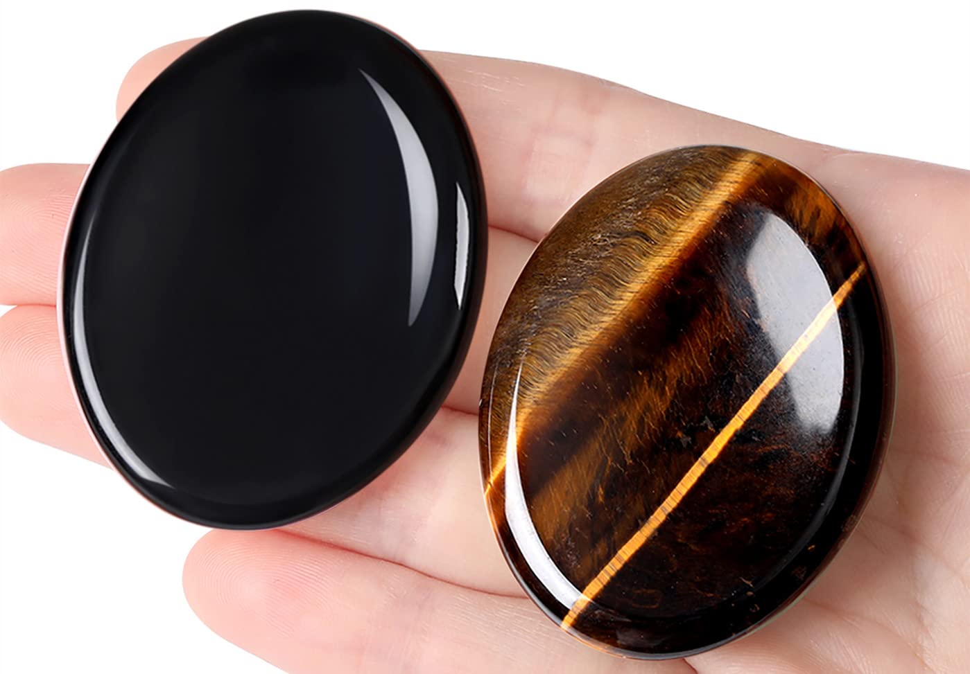 QINJIEJIE 2PCS Thumb Worry Stone for Anxiety Tiger's Eye Obsidian Healing Crystals Hand Carved Stones Oval Pocket Gemstones Sets Meditation Crystal Reiki Relax Stone Anxiety Relief Items