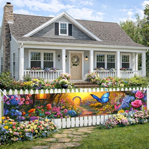 BlissYard Spring Butterfly Garden Path Banner 118x20 Inches Spring Floral Garden Banner Butterfly Flower Fence Porch Lawn Display Photo Backdrop Spring Summer Outdoor Party Decoration - color: Spring Decorations Banner #003, size: 118x20 Inch