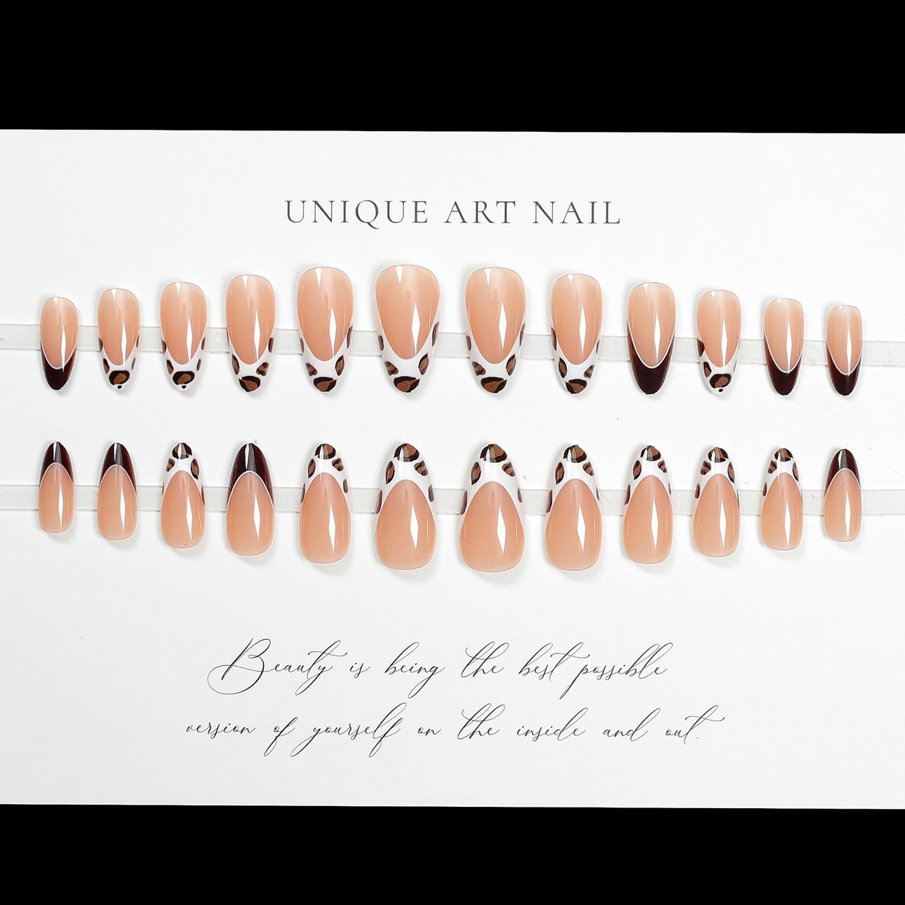 LPOODDNU Leopard Press on Nails Almond - Medium Fall Fake Nails with French Tip Designs, Glossy Finished Reusable False Nails with Double Adhesive Glue Tabs - 24Pcs Nail Kit for Women Manicure