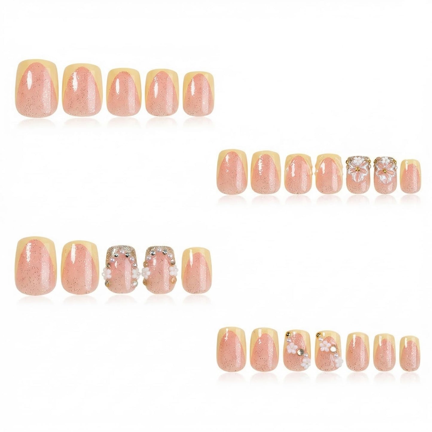 IMSOHOT Short Square Press on Nails - 24Pcs Glossy French Tip Fake Nails with 3D Flower and Rhinestone Accents, Pink Spring Design