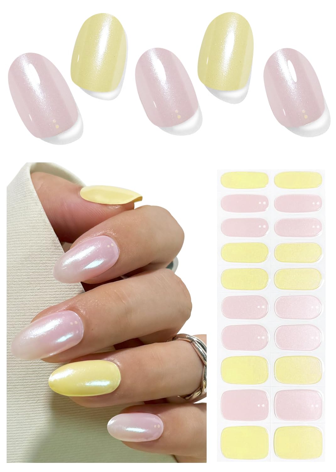 Christmas Semi Cured Gel Nail Strips, Pink, Yellow Glazed 20pcs Adhesive UV Sticker, Wraps for Home Manicure DIY