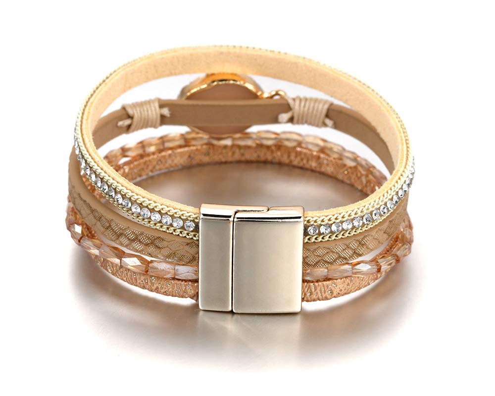 Fesciory Leopard Bracelet for Women, Boho Leather Wrap Multi-Layer Pearl Crystal Bracelet Bangle Jewelry(Stone(Short))