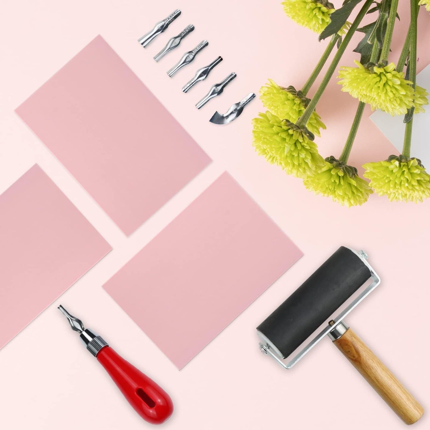 Linocut Kit for Printmaking & Stamp Carving - 4Pcs 4"x6" Soft Rubber Linoleum Blocks with Brayer Roller & Carving Tools | Beginner & Artist Block Printing Craft Supplies