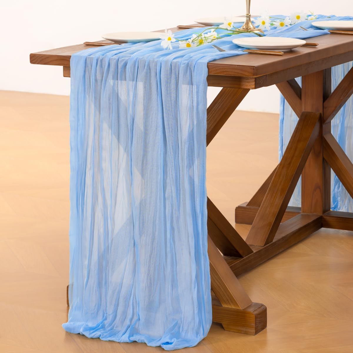 Socomi 3pcs Blue Fall Thanksgiving Cheesecloth Table Runner Boho Rustic Gauze 120 inch 10FT Cheese Cloth Runner for Wedding Party Baby Shower Birthday Home Decor Holiday Decorations
