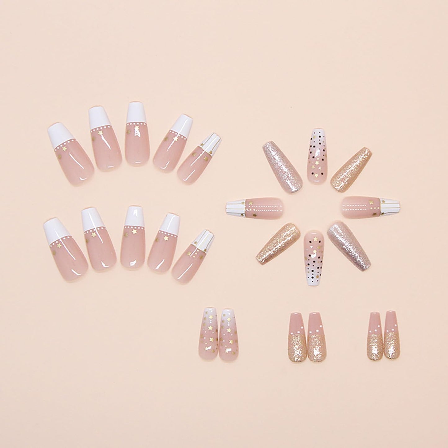 Press on Nails Medium Square False Nails French Stick Ons With Gold Glitter Stars Design Acrylic Coffin Nails Full Cover Reusable Artificial Glossy Press Ons For Women
