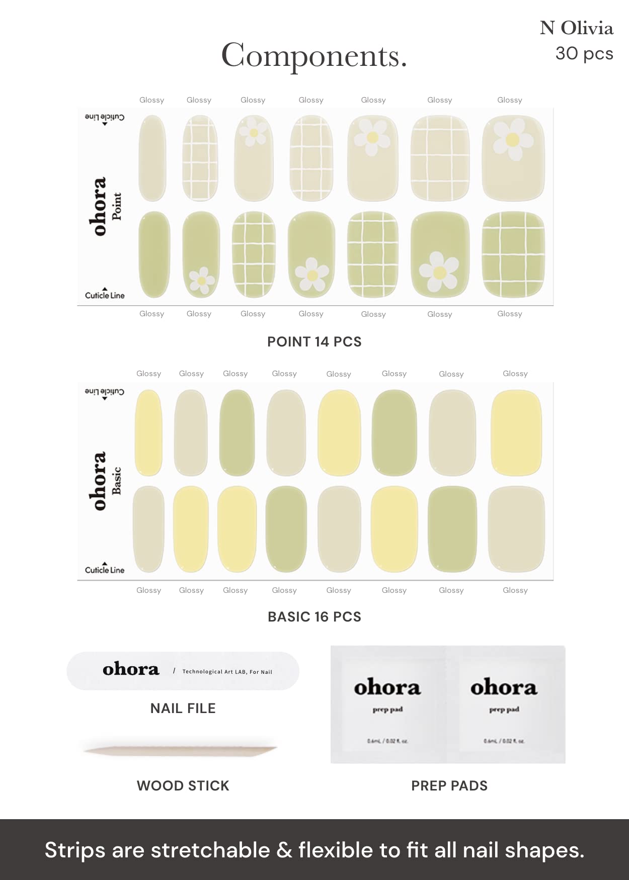 ohora Semi Cured Gel Nail Strips (N Olivia) - Green, Patterned, Works with Any UV/LED Lamps, Salon-Quality, Long Lasting, Easy to Apply & Remove