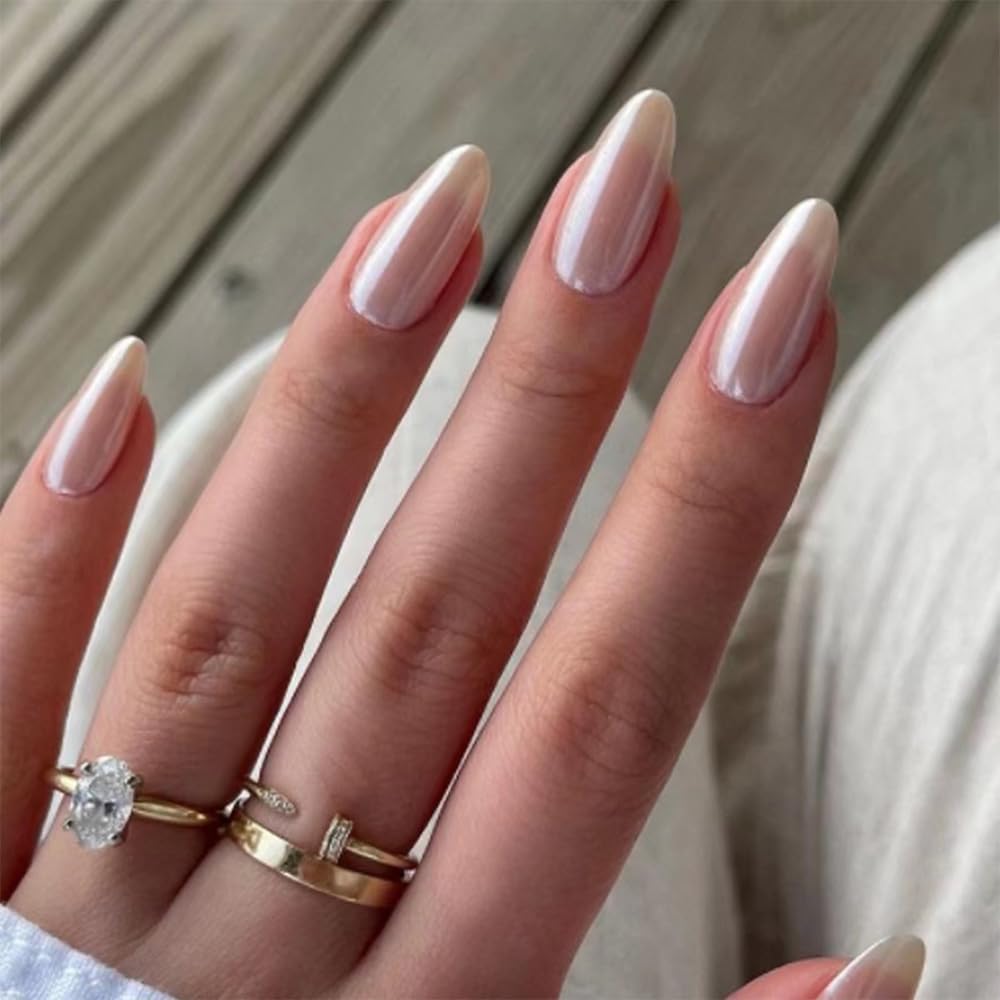 Medium Almond Press On Solid White Glossy False Nail Full Cover Acrylic Stick On Glue On Nails - 24Pcs