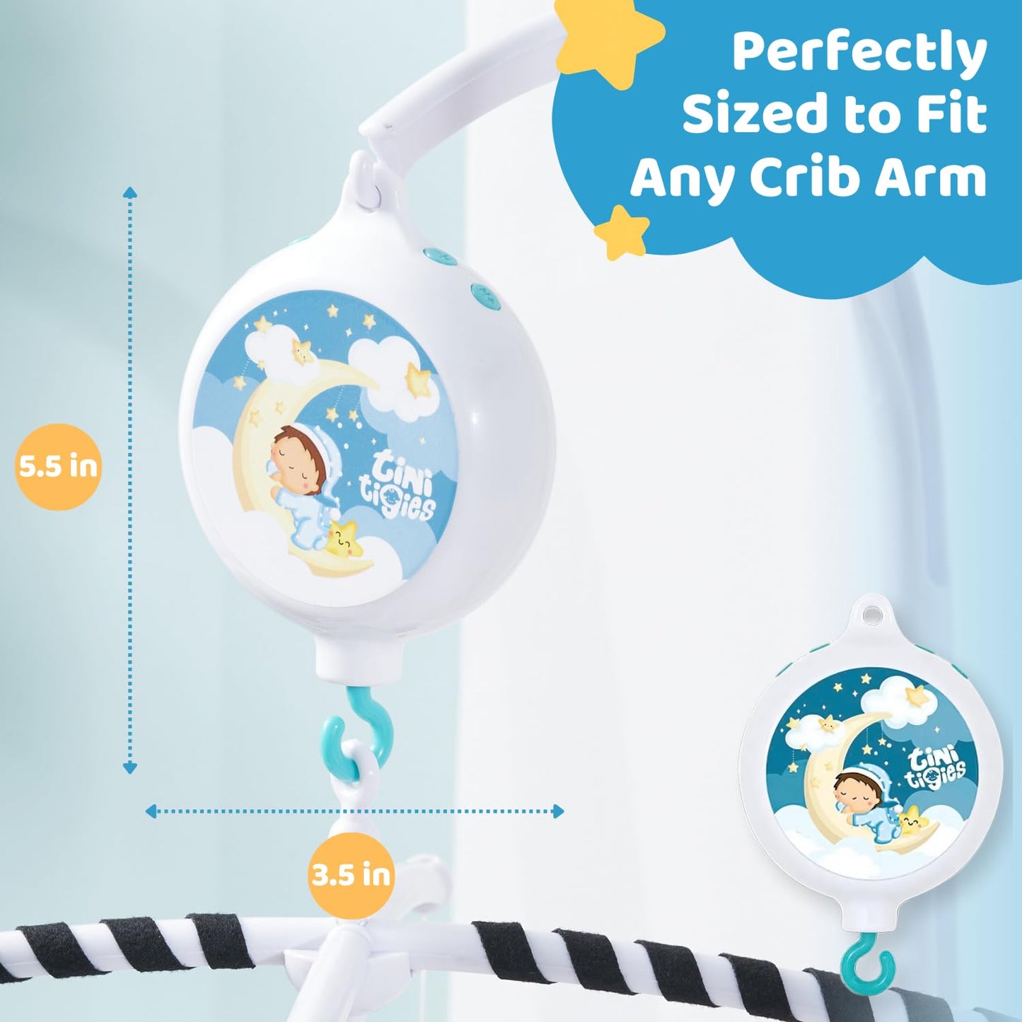 TINITIGIES Crib Mobile Motor - Baby Mobile Spinner Box with 3 Modes (Turn & Music, Turn Only, Music Only) Plays 12 Piano Lullabies (30 Min Auto Off) - Holder for DIY Clamp Mobile