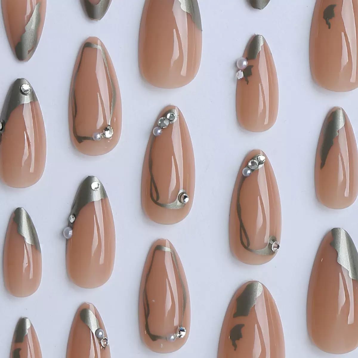CTTHNBD Press on Nails Medium - Almond Fake Nails with Silver Line Design - Rhinestone, Full Cover Stick on False Nails for Women 24 Pcs