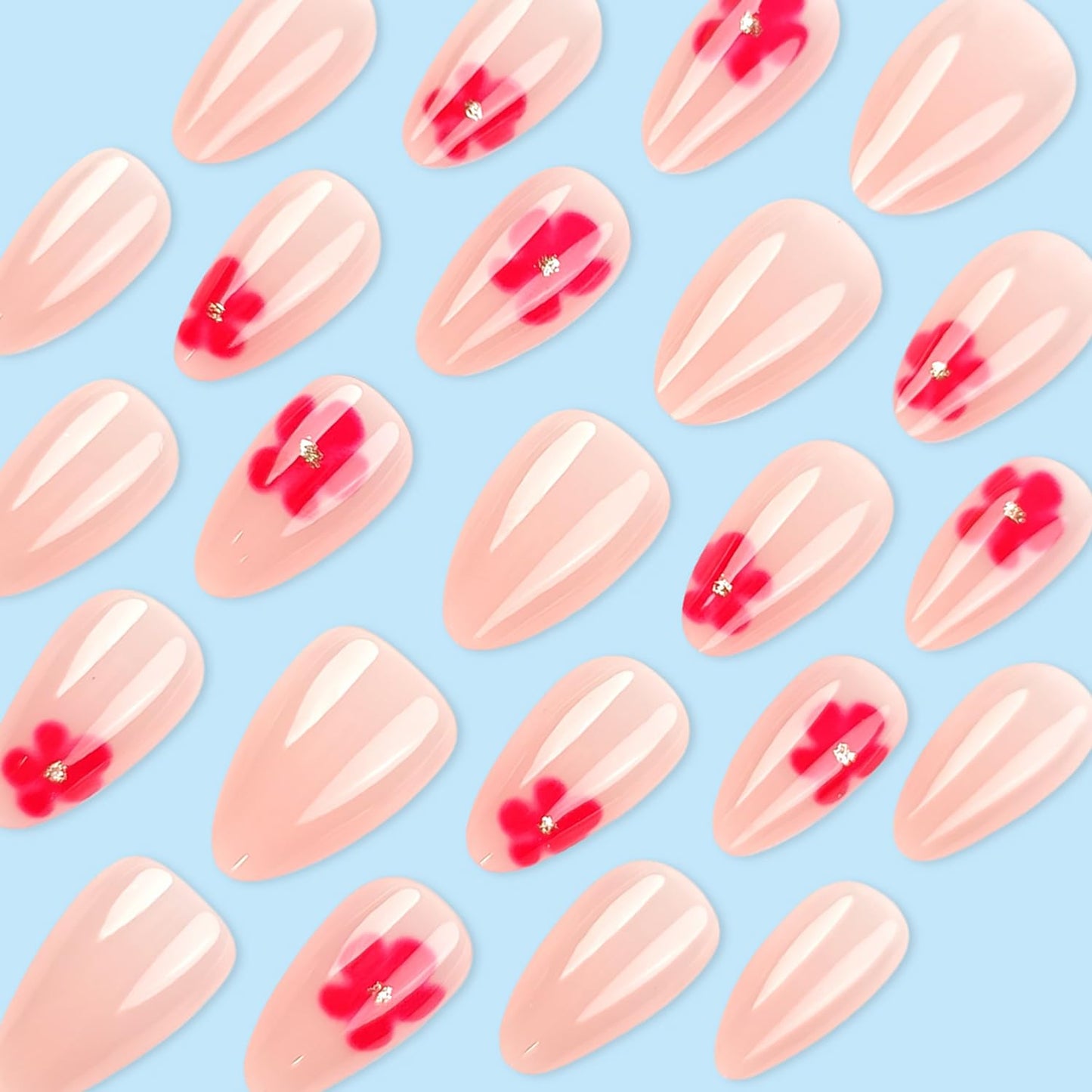 Short Press on Nails Almond Nails Pink Flower Press Ons with Design Cute Fake Nails Glossy Press on Nail Nude Pink False Nails Reusable Acrylic Nails for Women 24 Pcs