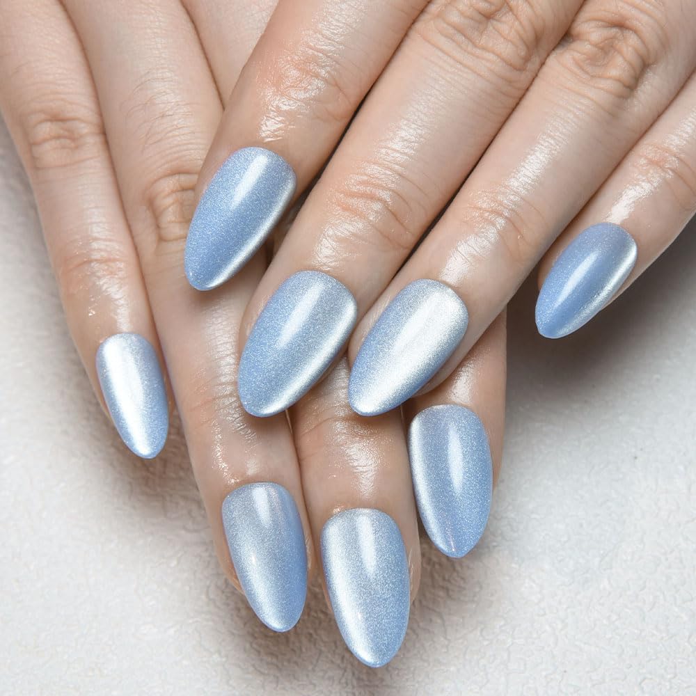 evpct Sky Blue Cat Eye Real Short Press on Nails Almond, Petite Short Almond Stick on Nails for Women Gift, Sky Blue Holographic Glossy Fake Nail Reusable, Soft Press on Acrylic Nail with Designs