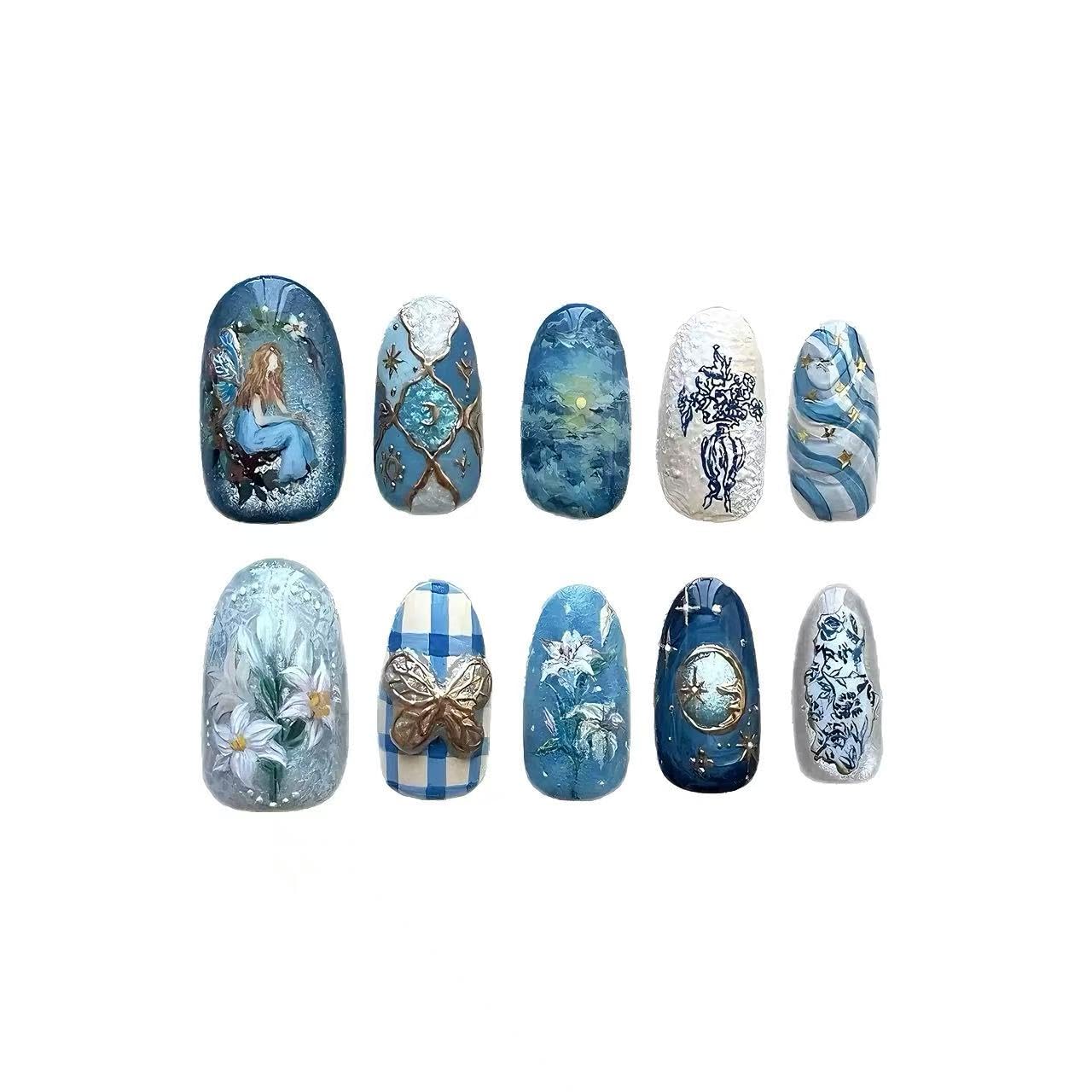 C.Z.Z.T.T.NAILS Fine Nailart Press On Nails, 24 Pieces Almond Shaped, Blue Fantasy Floral Design with Moon and Stars Pattern, Reusable Artificial Nail Tips