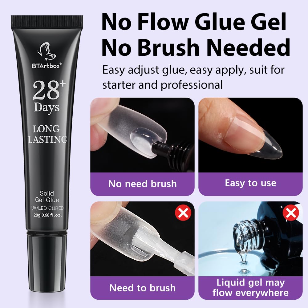 BTArtbox XCOATTIPS Gel Nails with 20g Solid Nail Gel Glue-5 Styles Pre-Designed Swirl Long Square Fake Nails, Ultra Fit French Tips Nail Tips with Pre-applied Tip Primer & Base Coat Cover