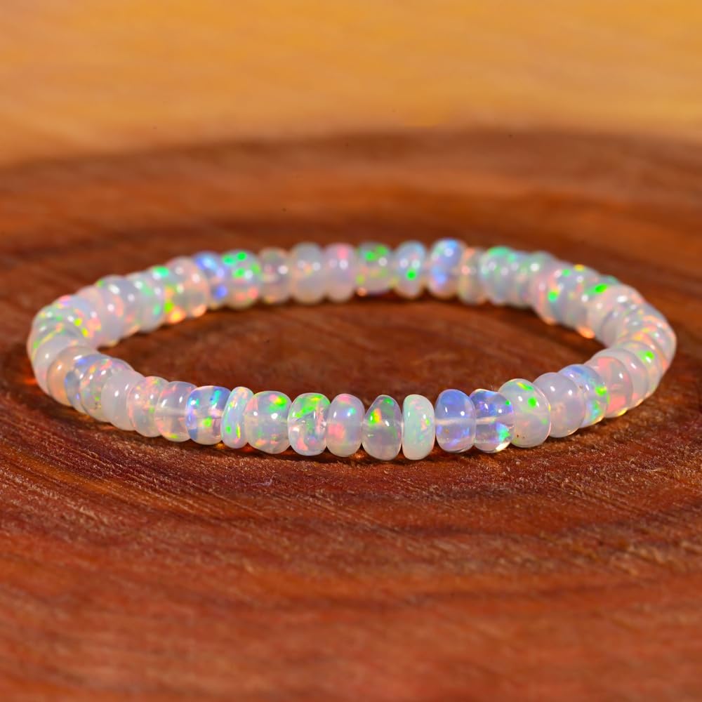 Natural Ethiopian Opal Stretchable Bracelet, Welo Fire, Smooth Beads Bracelet, Rondelle Shape, Milky White with Play-of-Color, 5 Inch