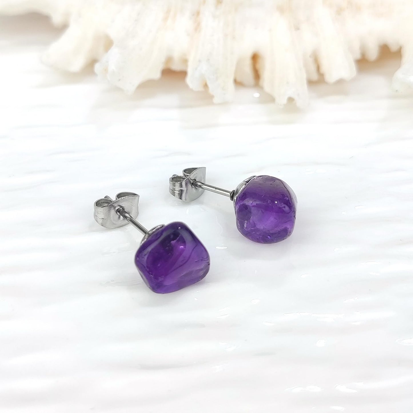 Amethyst Earrings, Irregular Gemstone Purple Amethyst Stud Earrings Stainless Steel, Reiki Healing Crystal Birthstone Earrings for Women(Amethyst)