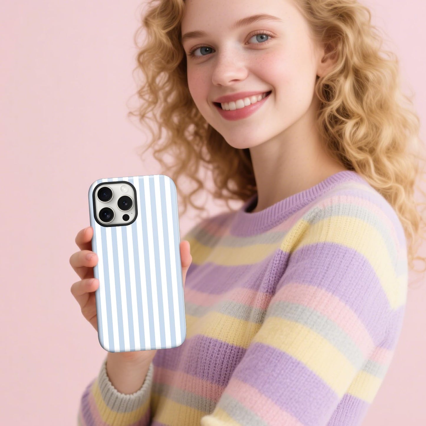 flewfun Magnetic for iPhone 16 Pro Max Case Cute Stripes Phone Case, Shockproof Slim TPU and Hard PC Protective Phone Cover Compatible with MagSafe Designed for Women Girls, Blue and White