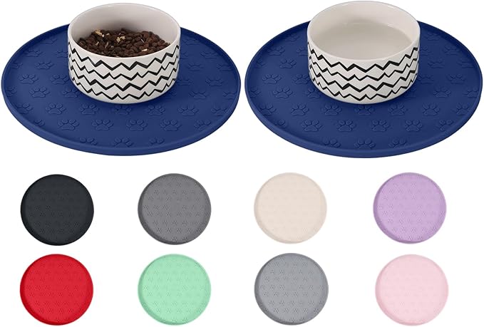 Comtim Waterproof Dog Food Mat - 2 Pack Silicone Pet Food Mat Dog Food Bowl Mats Cat Water Mats Eating Tray, Non-Slip Pet Placemat with Lip for Messy Drinkers to Protect Floor,Dark Grey 11"×11"