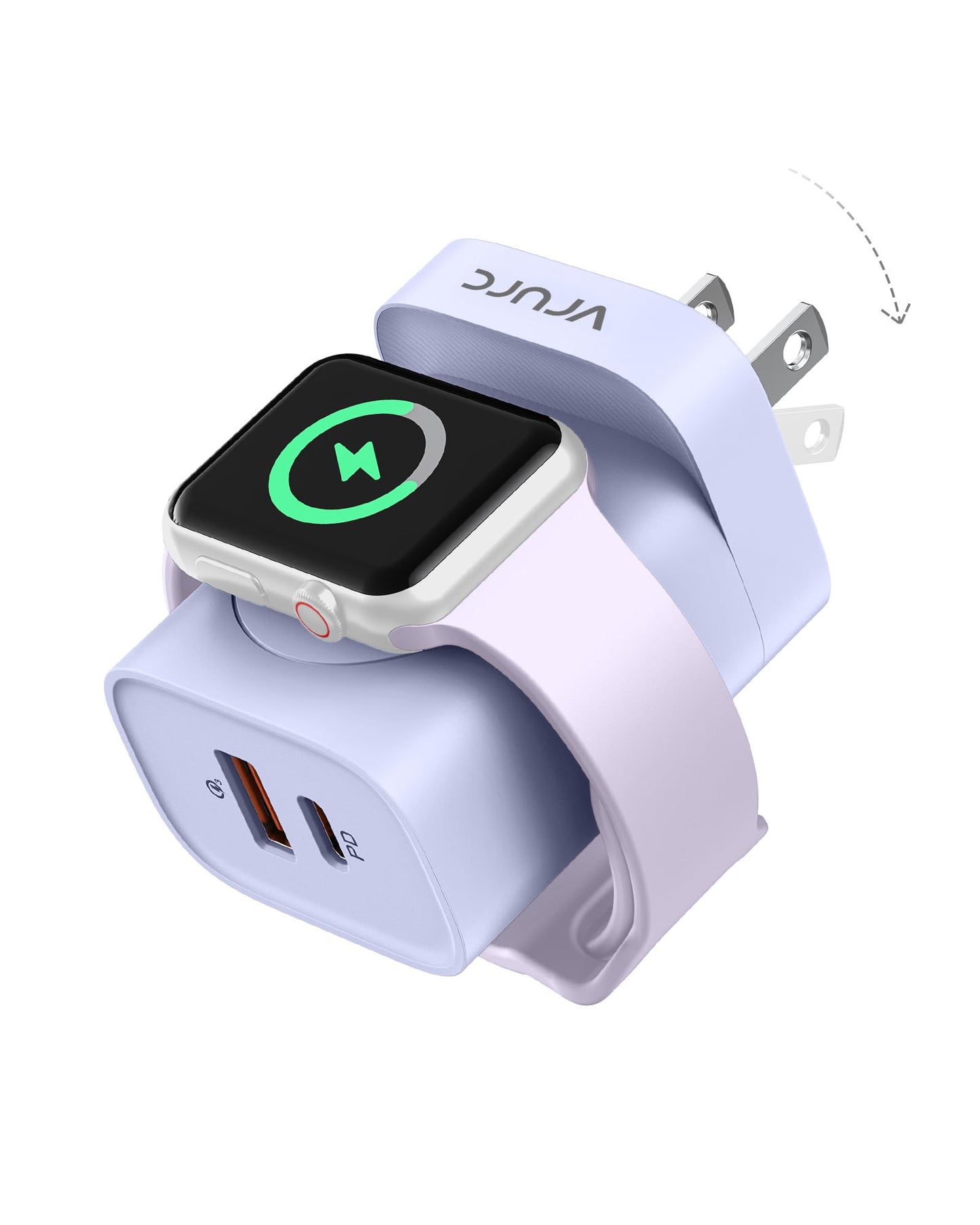 VRURC Charger for iPhone & Apple Watch, 20W USB C Fast Charging Block, 3-in-1 Compact Travel Adapter with 2 Port for iPhone 17/16/15/14/13, Wireless Magnetic for iWatch SE/11/10/9/8/7/6/5/4-Purple